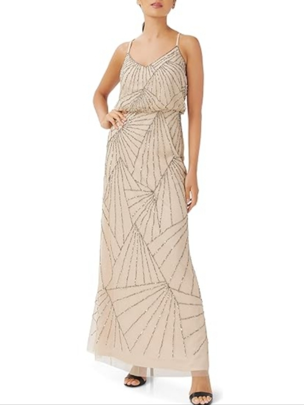 Adrianna Papell 10 Beaded Sequin Embellished Maxi Dress Gown